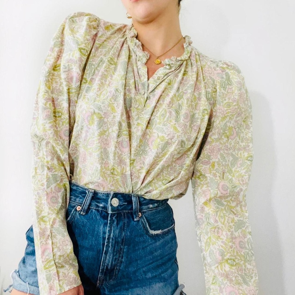 House of Harlow 1960 Josepha Cotton Pastel Floral Blouse Ruffled Collar Size S